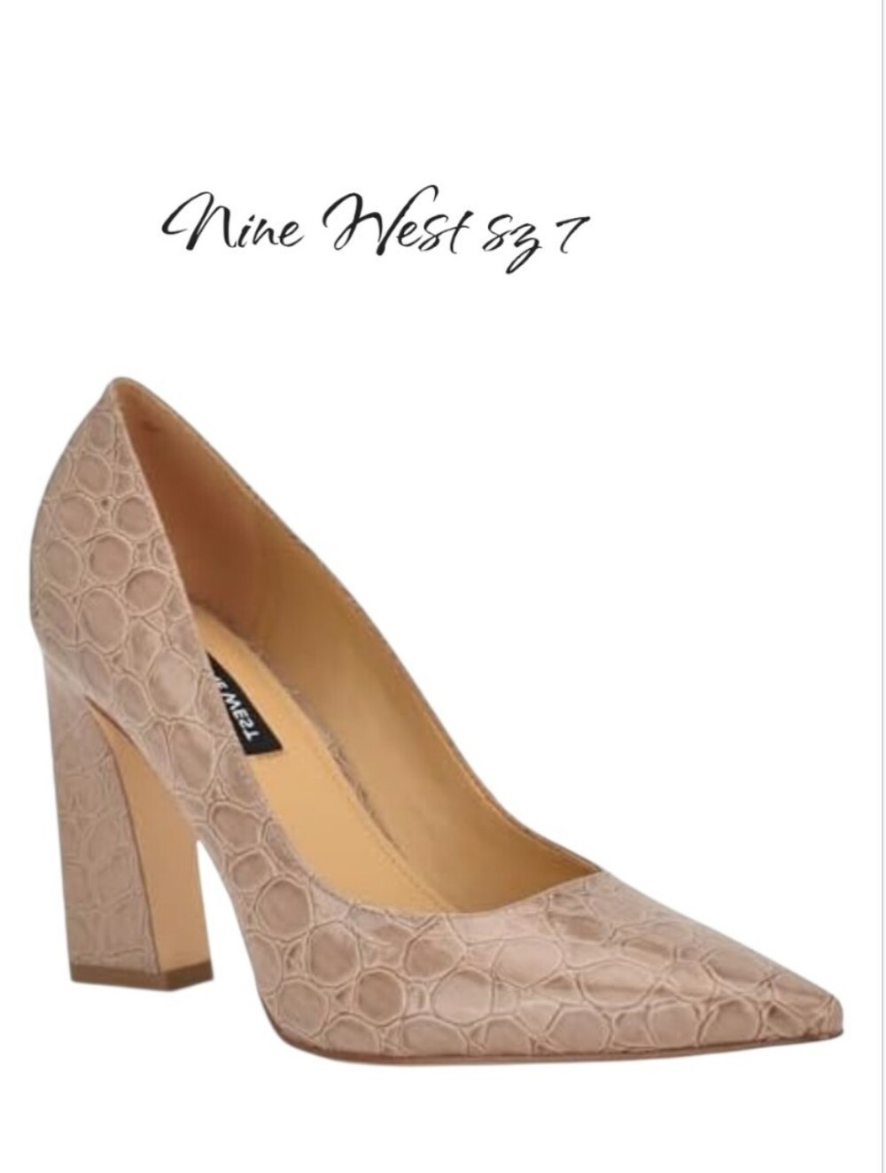 Nine West Tamant Taupe Croco Block Heel Pumps Pointed Toe Shoes Sz 7